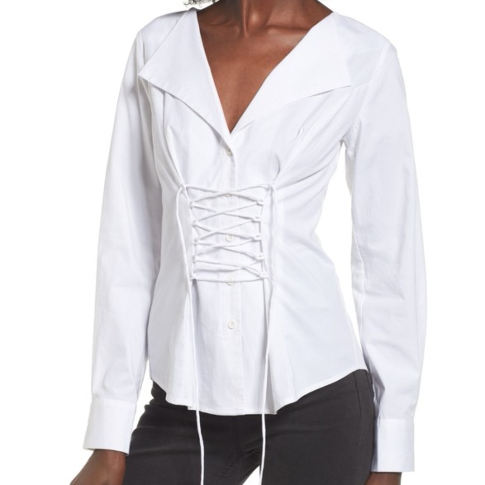 WAYF Molly Corset Lace Up Long Sleeve White Blouse